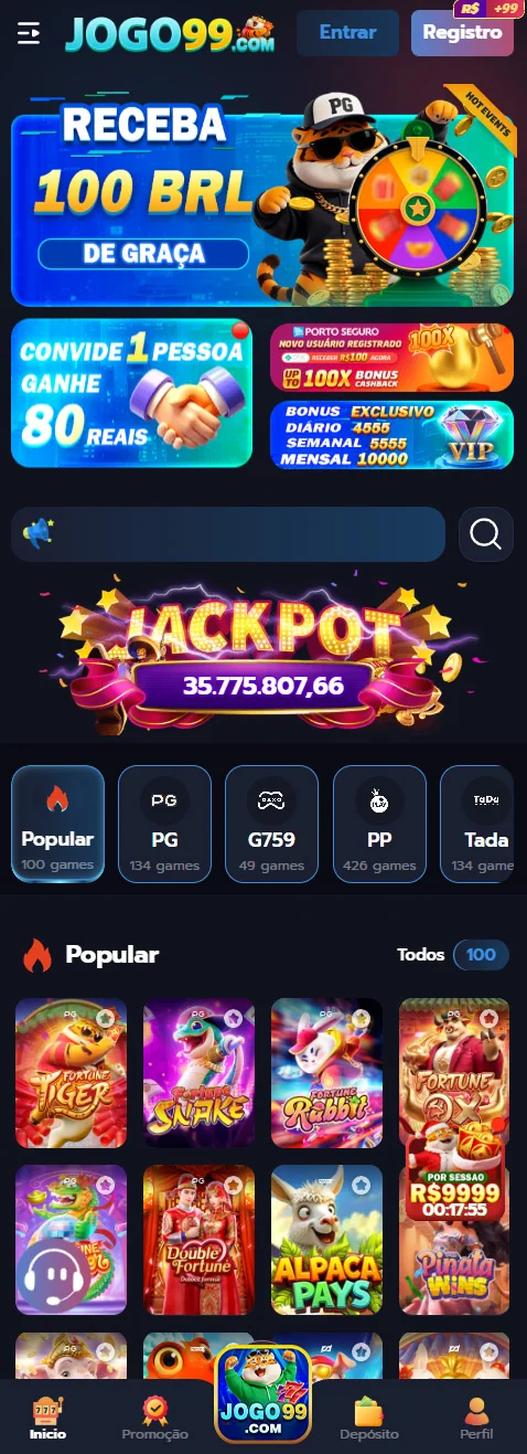 Interface da plataforma jogo99 com opções de pagamento seguro